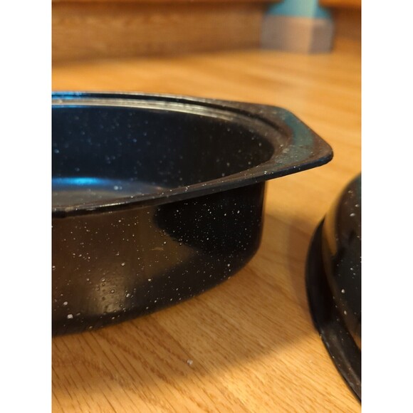 Enamelware Roasting Pan Black White Speckled  Lid Turkey Roaster Vintage 13" - Picture 9 of 10